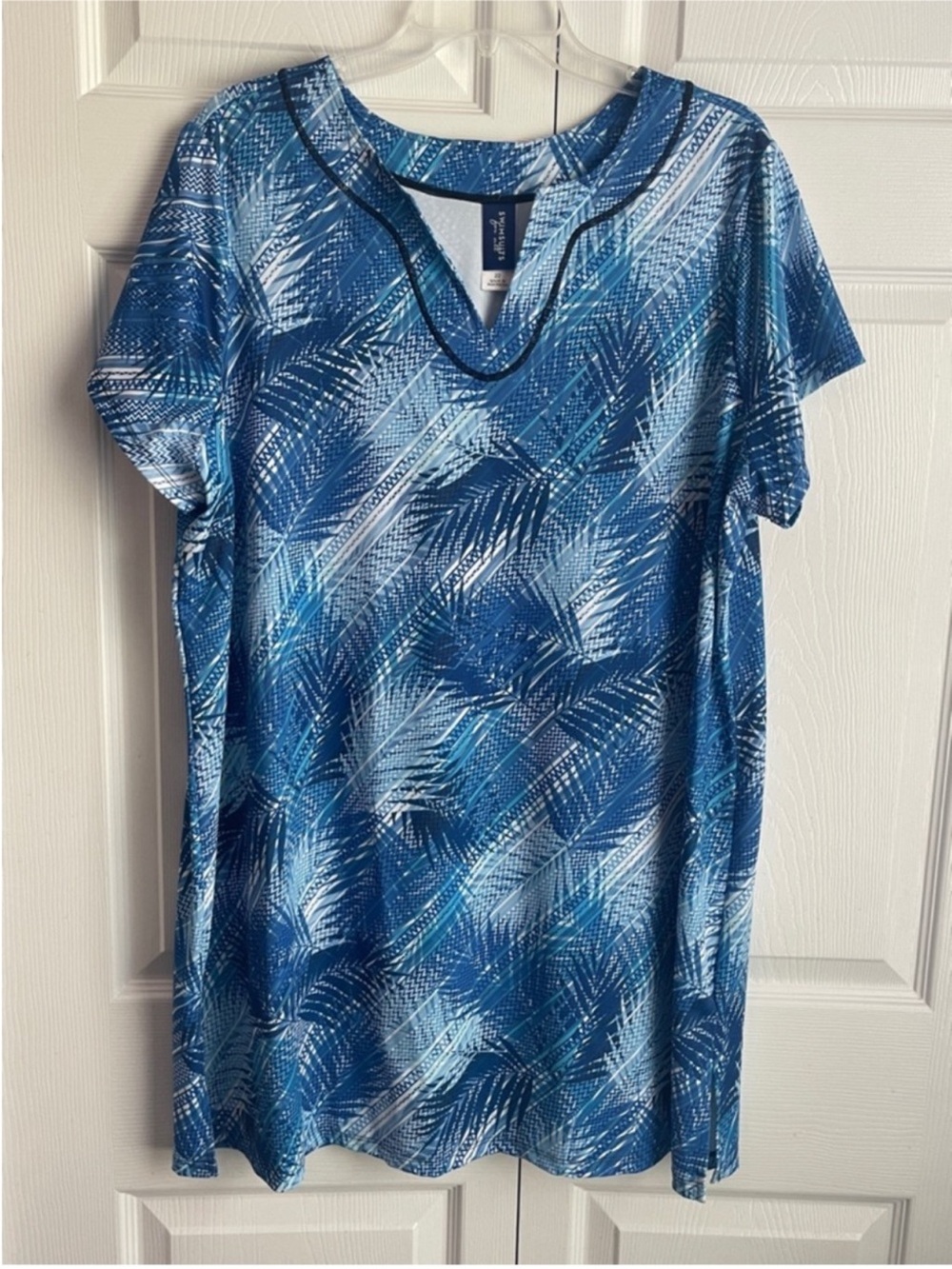Swimsuits For All Short Sleeve Blue Palm Leaf Print Swim Tunic Coverup Size 22